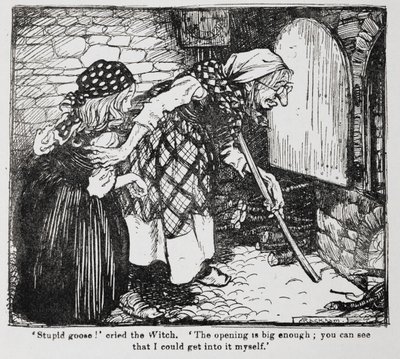 ヘンゼルとグレーテルより、グレーテルとオーブンのそばの年老いた魔女。 作： Arthur Rackham
