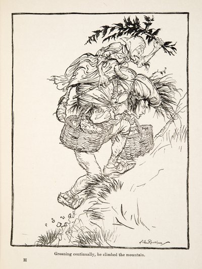 1917年に出版されたグリム兄弟の「Little Brother & Little Sister and Other Tales」から、うめき声を上げながら山を登る。 作： Arthur Rackham
