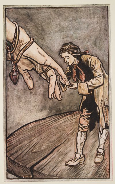 ガリバーキスブロブディナギアスの女王の手、ジョナソンスイフト（1667-1745）によるガリバー旅行記のパブ。 1909 作： Arthur Rackham