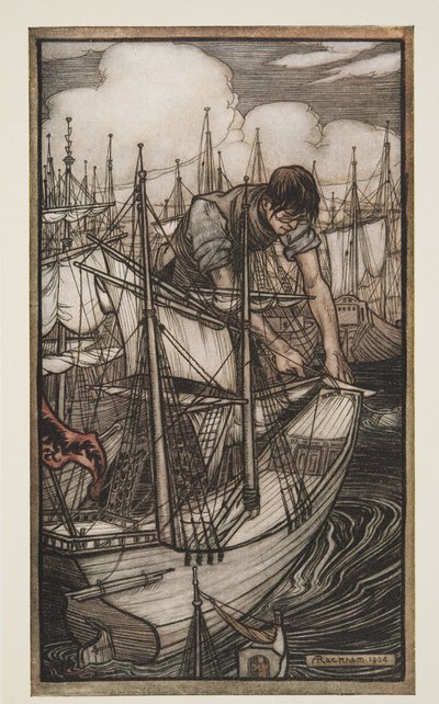 ガリバーはパブのジョナソン・スウィフト（1667-1745）によるガリバー旅行からのエネミー艦隊を奪取します。 1909 作： Arthur Rackham