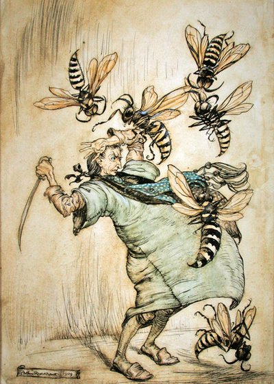 ガリバーのスズメバチとの戦い 作： Arthur Rackham