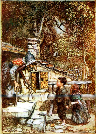 ヘンゼルとグレーテル、そして彼女の家の玄関先にいる魔女 作： Arthur Rackham