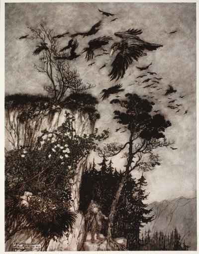 彼はアイドルのカラスの群れによってのみ答えられました。 1910 作： Arthur Rackham