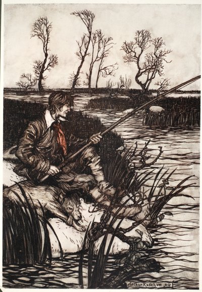 彼は濡れた岩の上に座って、一日中魚を釣っていました。 1910 作： Arthur Rackham