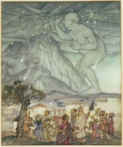 アトラスの代わりに空を支えるヘラクレス 作： Arthur Rackham