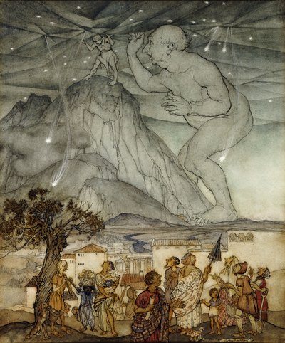 1922年、アトラスの代わりに空を支えるヘラクレス 作： Arthur Rackham