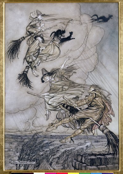 おい！チムニーラスヘイアフターユー！、1907年のインゴルドスビーの伝説のマースとマーベルのイラスト（紙にトイレ付きペンとインク） 作： Arthur Rackham