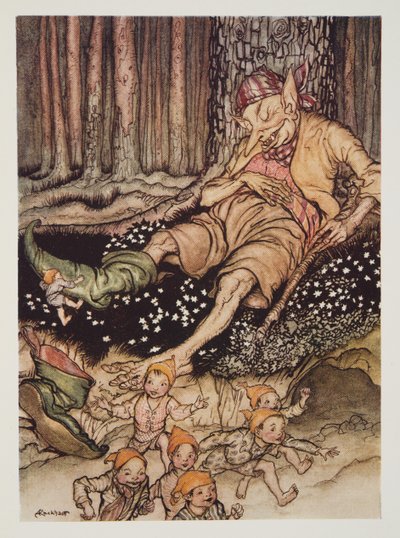 Hop-o-my-thumbはOgreにそっと近づき、パブのThe Arthur Rackham Fairy Bookから7リーグのブーツを脱ぎました。 1933 作： Arthur Rackham