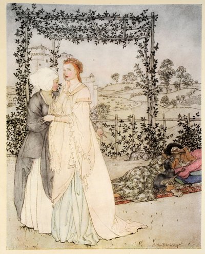 マーク王の城の庭にある小さなかぎ針でトリストラムがどのように知られていたか 作： Arthur Rackham
