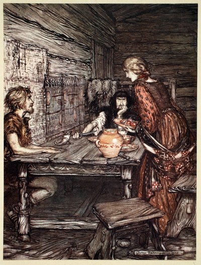 「フンディング、ジークムントとジーグルンデの類似性を発見」、1910 年。 作： Arthur Rackham