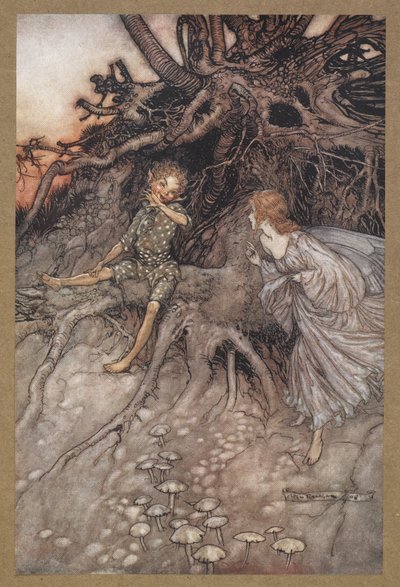 私はその陽気な夜の放浪者です。 「真夏の夜の夢」の一場面。 作： Arthur Rackham