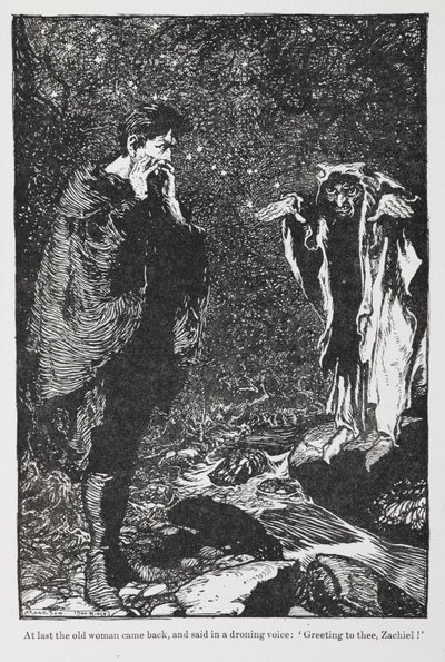 ザキエルとおばあさんのヨリンダとヨリンゲルのイラスト。 作： Arthur Rackham