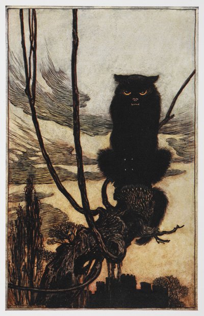 黒猫のヨリンダとヨリンゲルのイラスト。 作： Arthur Rackham