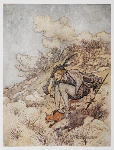 「黄金の鳥」のイラスト。 キツネに乗った王子様。 作： Arthur Rackham