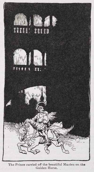 王子が馬に乗って乙女を運び去るときの黄金の鳥のイラスト. 作： Arthur Rackham