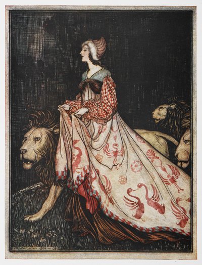 「貴婦人とライオン」のイラスト。 作： Arthur Rackham