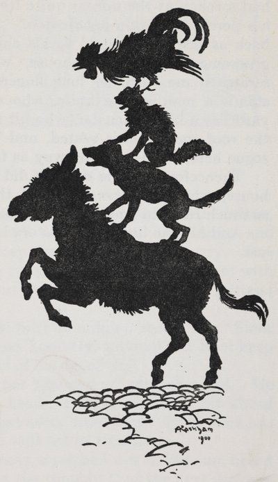 Kuvitus Bremenin kaupungin muusikoista perseestä, koirasta, kissasta ja kukosta. 作： Arthur Rackham