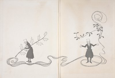 スクルージのイラスト。 一方では、彼はヒイラギの小枝によって描かれ、お金の袋を握りしめ、怒っているように見えます. 一方、彼はヤドリギの小枝が幸せそうに描かれています。 作： Arthur Rackham