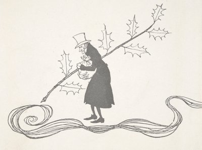 ヒイラギの小枝で描かれたスクルージのイラストは、お金の袋を握りしめ、怒っているように見えます。 作： Arthur Rackham