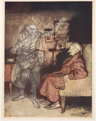 過去のクリスマスの幽霊とスクルージのイラスト 作： Arthur Rackham
