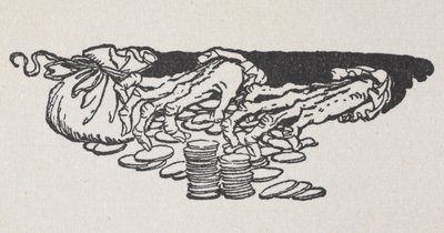 お金を数えるスクルージの手のイラスト 作： Arthur Rackham
