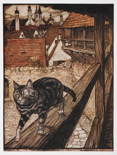 The Cat and the Mouse in Partnership の柵に沿って歩く猫のイラスト。 作： Arthur Rackham