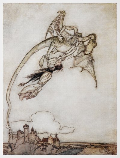 四賢兄弟の姫をさらうドラゴンのイラスト。 作： Arthur Rackham