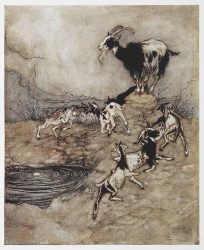 Ilustração de uma cabra e seus filhos brincando de O Lobo e os Sete Filhos. 作： Arthur Rackham