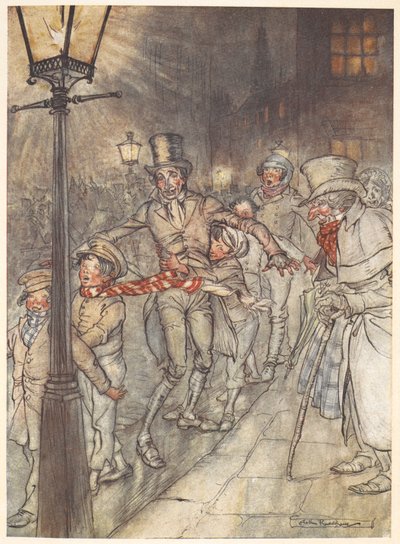 ボブ・クラチットと子供たちがいるクリスマスイブのストリートシーンのイラスト. 作： Arthur Rackham