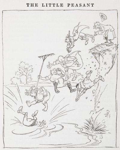 Kuva miehistä hyppäämässä kalliolta lampeen Pikkutalonpoikiasta. 作： Arthur Rackham