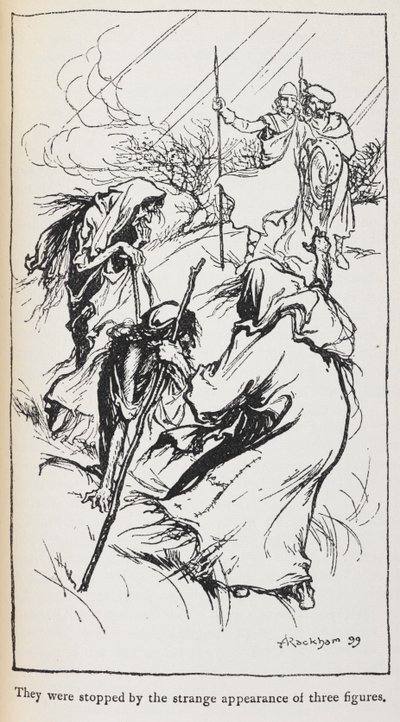 三人の魔女、マクベスとバンクォーのイラストです。 作： Arthur Rackham