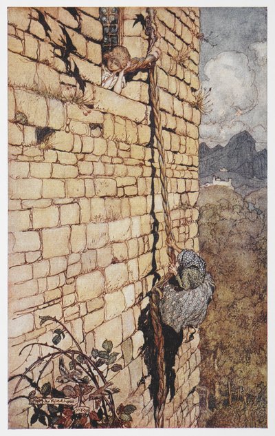 ラプンツェルの髪をよじ登る魔女のイラスト。 作： Arthur Rackham
