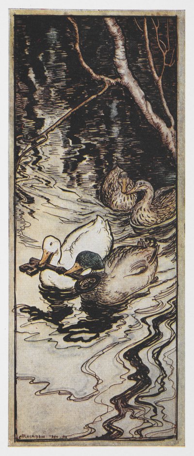 Ilustração de dois patos carregando uma chave de The Queen Bee. 作： Arthur Rackham