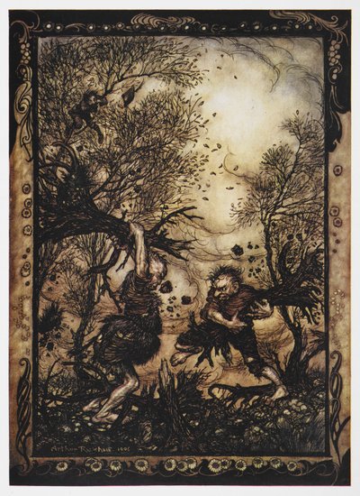 Kuva kahdesta jättiläisestä taistelemassa puiden kanssa The Valiant Tailorista. 作： Arthur Rackham