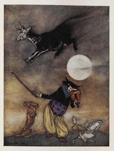 童謡のイラスト。 月を飛び越える牛。 バイオリンを弾く猫。 犬。 スプーンで逃げるお皿。 作： Arthur Rackham