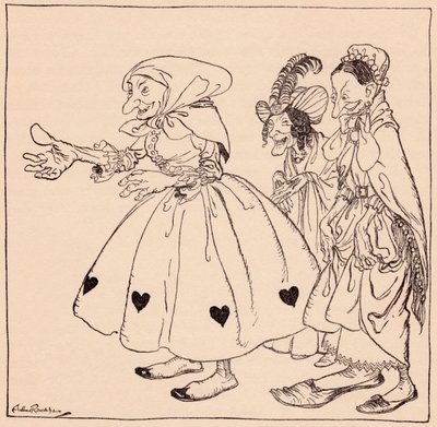 奇抜な服装をした三人の女性が入ってきた。 イラストはグリム童話「紡ぐ三人の女」のアーサー・ラッカム。 作： Arthur Rackham