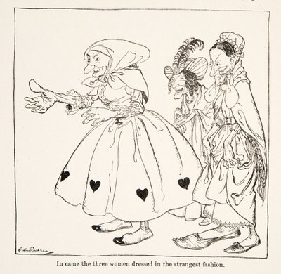 1917年に出版されたグリム兄弟の「Little Brother & Little Sister and Other Tales」から、最も奇妙なファッションに身を包んだ3人の女性が登場しました。 作： Arthur Rackham