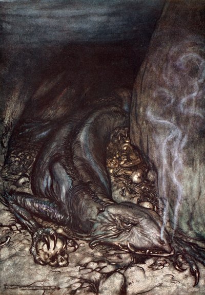 「ドラゴンの姿でファフナーは今、蓄えを見守っている」、1924年. 作： Arthur Rackham