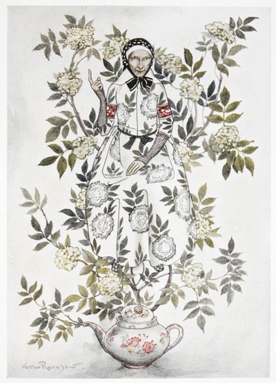 No meio de uma árvore estava sentada uma mulher de aparência bondosa. Uma grande planta crescendo em um bule. Uma velha entre os galhos. Uma ilustração colorida para 