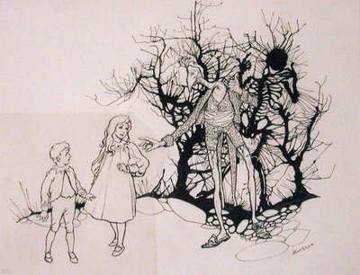 骸骨のようなものだった」、S.J.エイダー・フィッツジェラルド著「The Zankiwank and the Bletherwitch」（1896年発行）の挿絵（ペン＆インク 作： Arthur Rackham