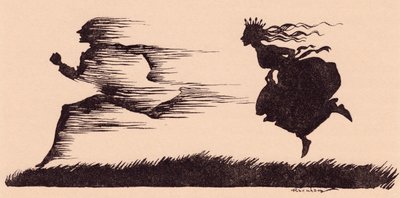 まるで風が口笛を吹いたかのようでした。 グリム童話の Arthur Rackham によるイラスト、How Six Men Got On In The World. 作： Arthur Rackham
