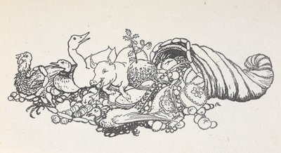 Items from a Christmas feast spilling out from a horn-shape. Items include a Christmas pudding, sausages, a turkey, a pig, a duck, a pheasant, a pie and fruits.   1454008   ja       japanese Successfully Translated  Original: St Francis and St Peter, by Ta 作： Arthur Rackham