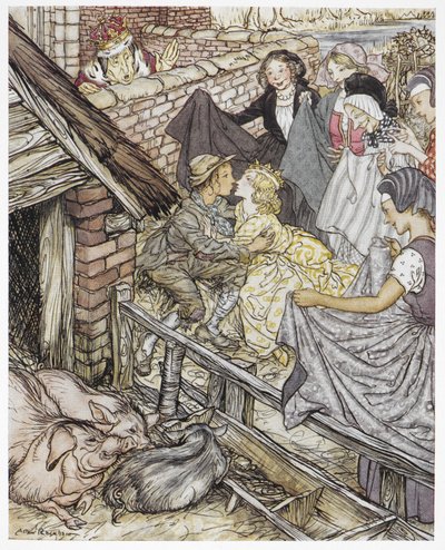 「豚飼いが86回目のキスをしていたとき」、「豚飼い」のイラスト、ハンス・クリスチャン・アンデルセン 作： Arthur Rackham