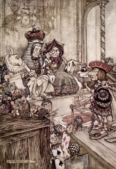 ハートのキングとクイーンの前の小槌、ルイス・キャロルによる「不思議の国のアリスの冒険」のイラスト（1832-98）1907 作： Arthur Rackham