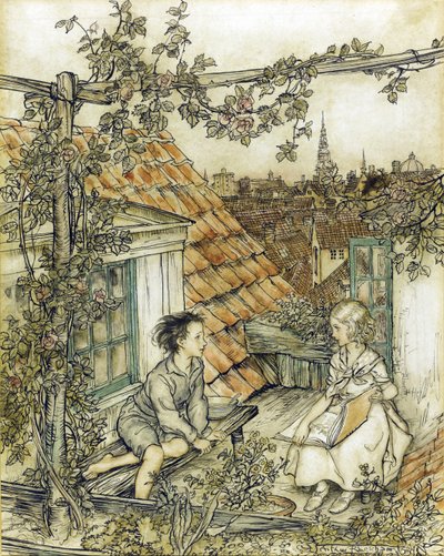 La Reine des neiges - 屋根の上の高い位置にある庭でのケイとゲルダ。雪の女王」の物語のためのイラストレーション par Rackham, Arthur (1867-1939) 作： Arthur Rackham