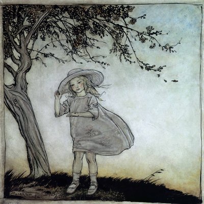 テントウムシ、テントウムシフライアウェイホーム、オールドナーサリーライムズのマザーグースのイラスト、1913年発行（紙にペンとインクとトイレ） 作： Arthur Rackham