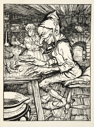Lay！は巨人を怒鳴らせ、それから鶏はパブのThe Arthur Rackham Fairy Bookからすぐに純金の卵を産みました。 1933 作： Arthur Rackham