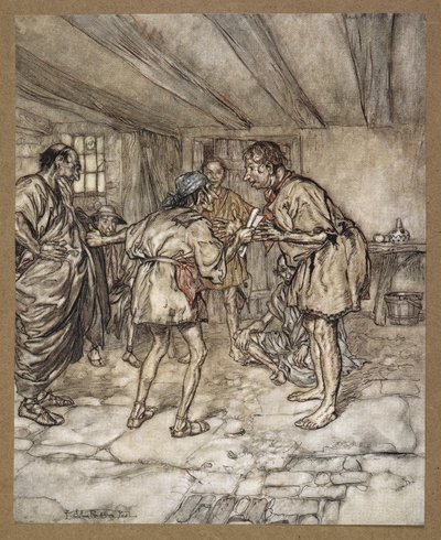 私もライオンを演じさせてください。 クインスの家。 「真夏の夜の夢」の一場面。 作： Arthur Rackham
