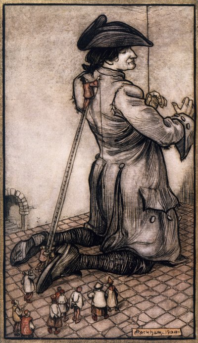 Lilliputian tailors measuring Gulliver to make him new suit, illustration by Arthur Rackham (1867-1939) from Gulliver