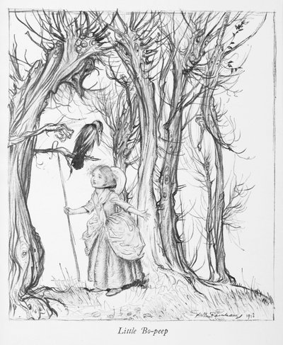 鳥と一緒に森の中の小さなボーピープ。 作： Arthur Rackham